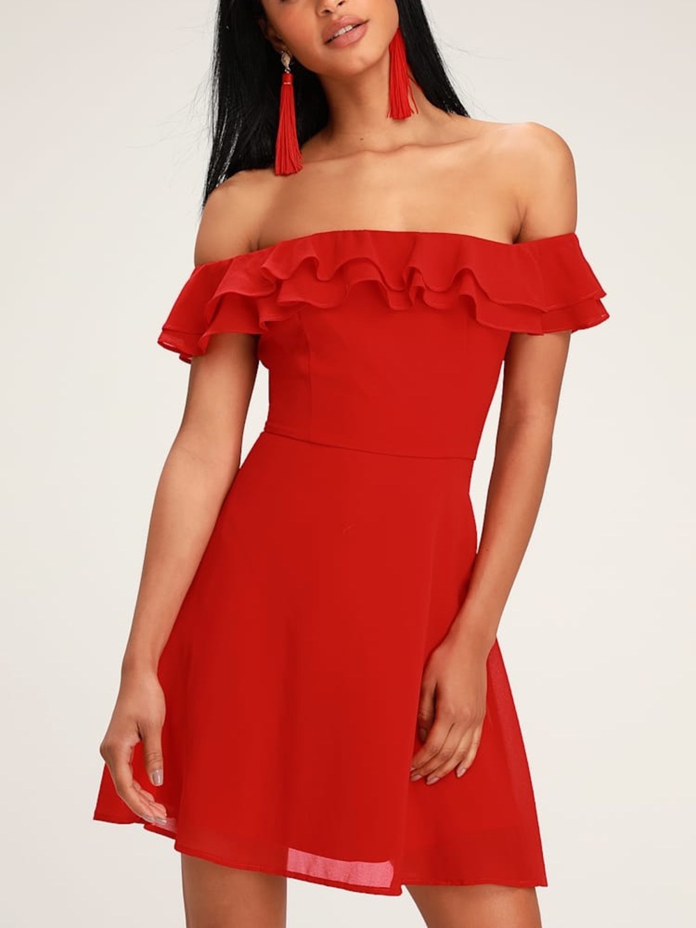 Lulus Red Off Shoulder Red Romantic Flirty Ruffle Flare Mini Dress Date Night